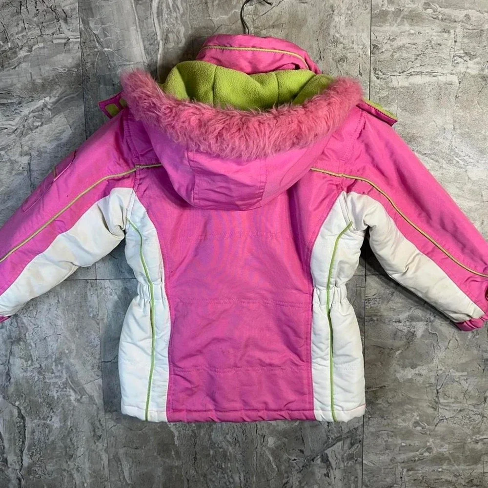 Pink‎ and white puffer jacket with hood Heavy duty weather proof Kids Medium 5-6